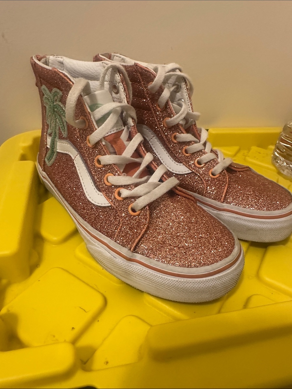 Vans Kids Glitter High-Top Sneakers in Rose Gold with White Stripe